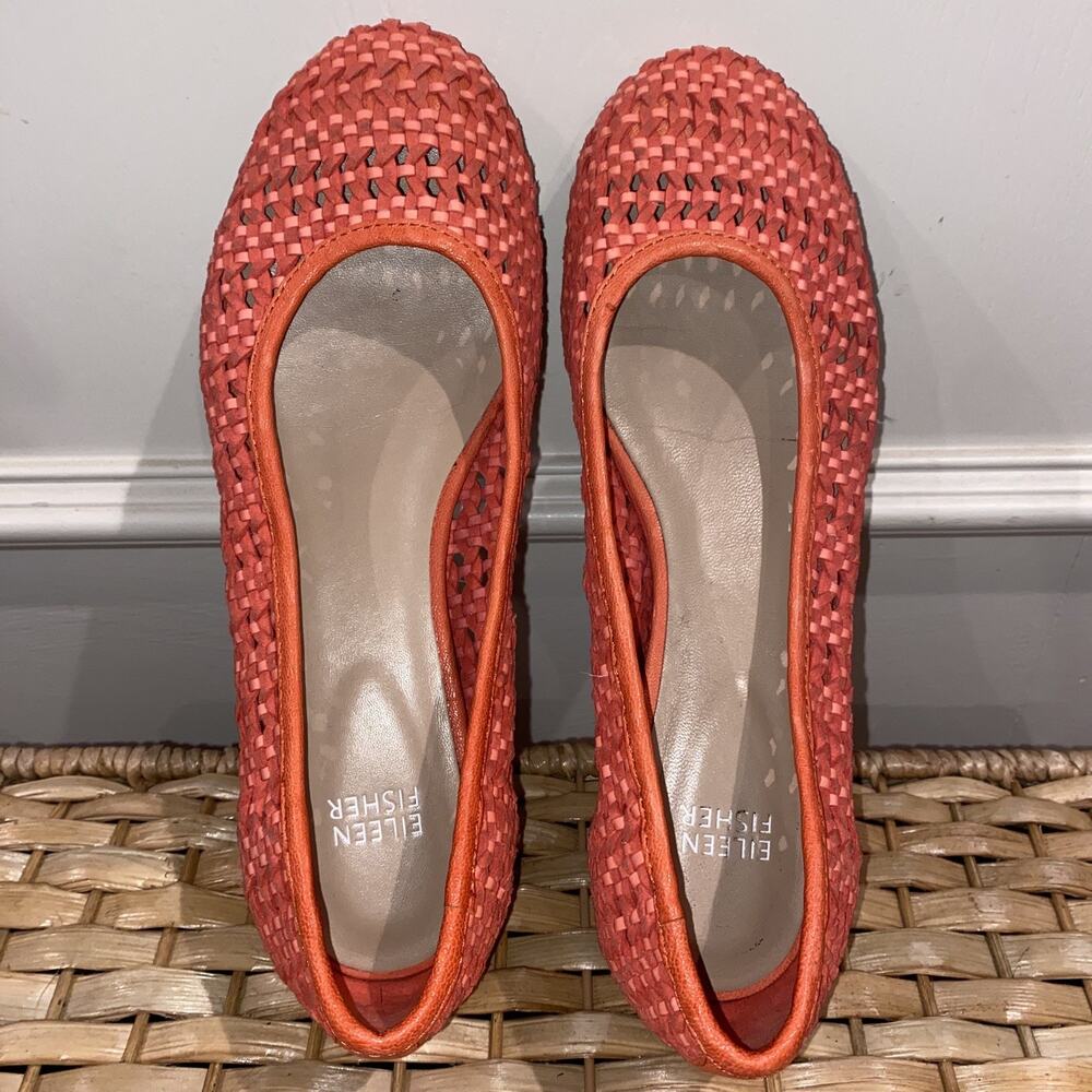 EILEEN FISHER Sz 9 Designer Leather Ballet Flats Pink Coral Boho Woven Slip On